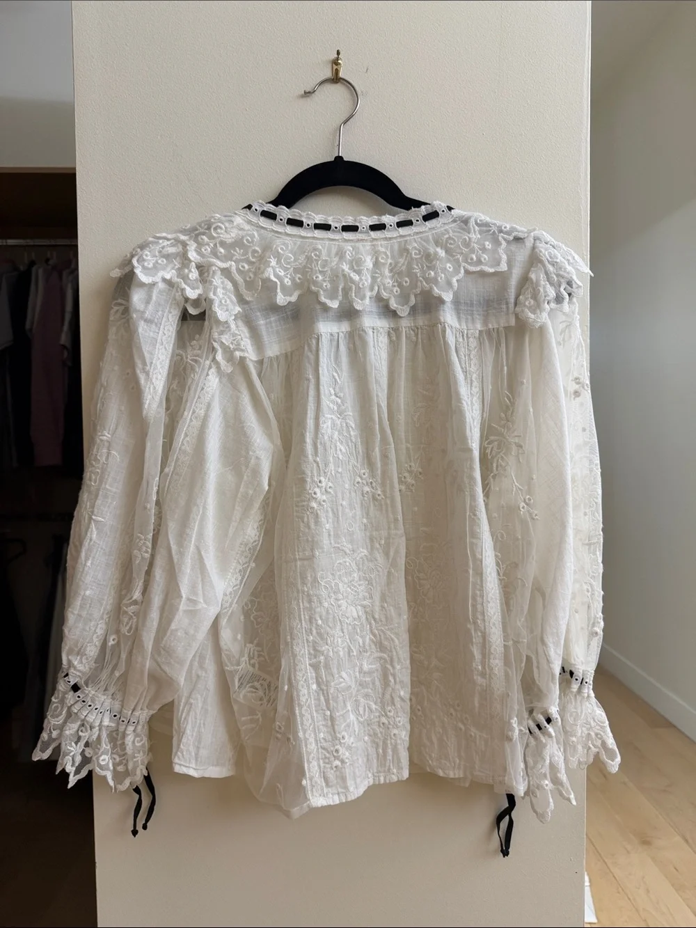 Anthropologie Ivory Lace Peasant Blouse with Black Ribbon Trim